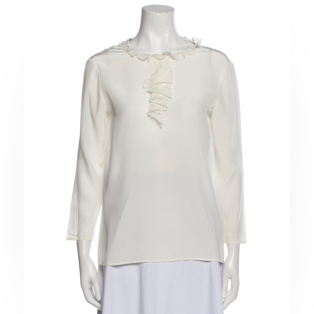 Miu Miu 2012 Collection Lace Ruffle Neck 3/4 Sleeve Ivory Silk Blouse IT 40/US 4